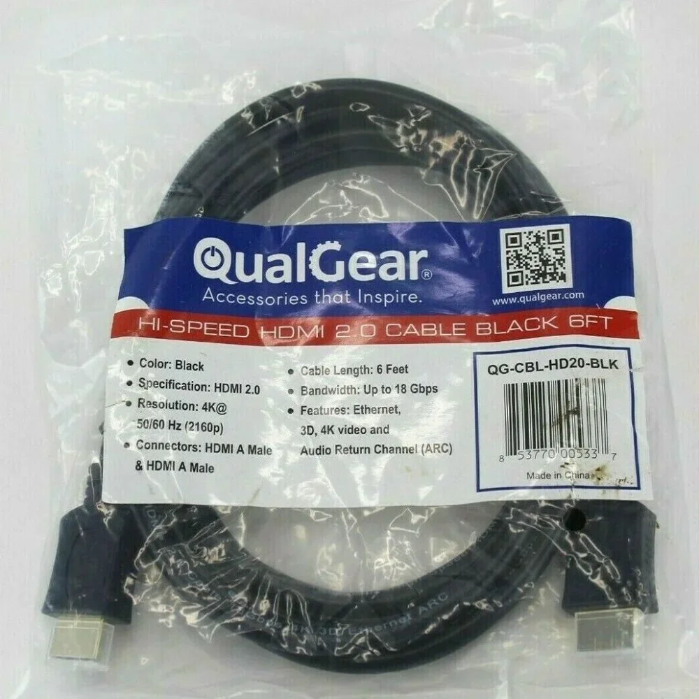 QualGear QG-CBL-HD20-BLK High-Speed HDMI 2.0 Cable with Ethernet, 6 Feet